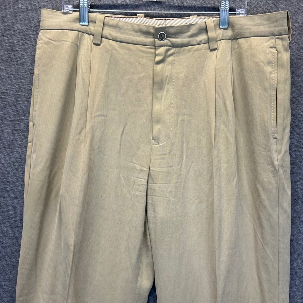 Tommy Bahama Mens 36x32 Tan Silk Rayon Herringbone Pleated Dress Pants Khaki